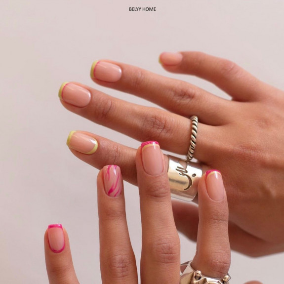 38 French Tip Nails For Summer 2022 — Double French Yellow and Pink Short Nails