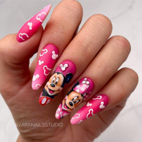 32 Cute Minnie Mouse Nail Ideas — Ombre Bright Pink Minnie Nails