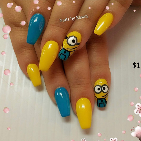 31 Cute Minion Nails — Teal and Yellow Minion Nails