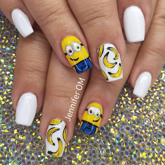 31 Cute Minion Nails — White + Minion Nails