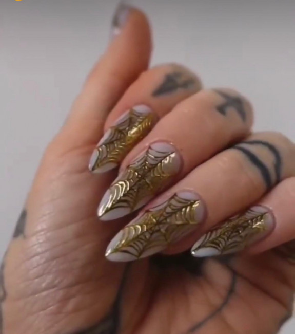 40 Halloween Nails in 2022 — Gold Cobweb Almond Nails