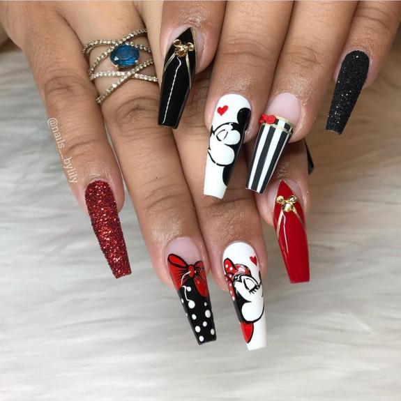 32 Cute Minnie Mouse Nail Ideas — Shimmery Red and Black Ballerina Nails