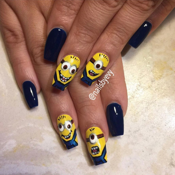 31 Cute Minion Nails — Dark Blue Minion Nails