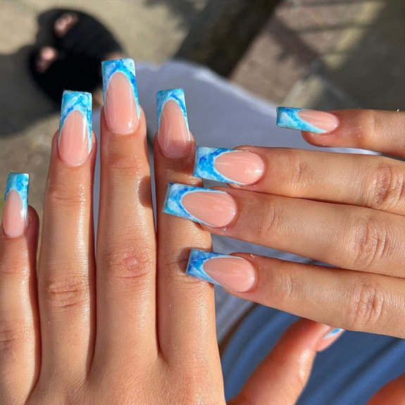 38 French Tip Nails For Summer 2022 — Marble Blue French Tip Nails