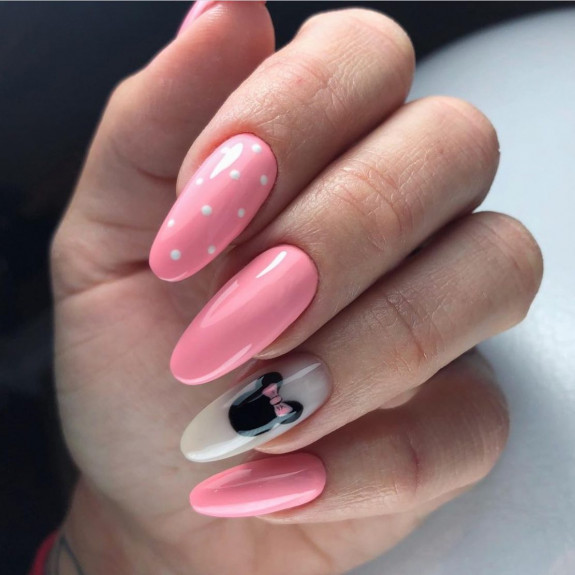 32 Cute Minnie Mouse Nail Ideas — White and Pink Almond Nails