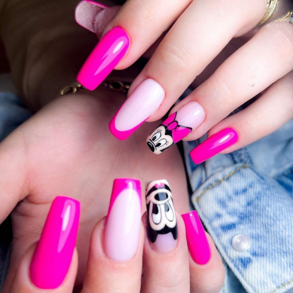 32 Cute Minnie Mouse Nail Ideas — Bright Pink Minnie Nails