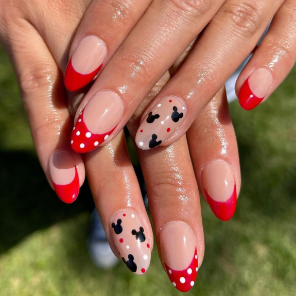 32 Cute Minnie Mouse Nail Ideas — Red Polka Dot + Red Tip Minnie Nails