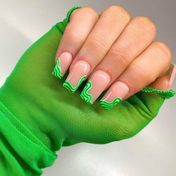 38 French Tip Nails For Summer 2022 — Abstract Wavy Green Tip Nails