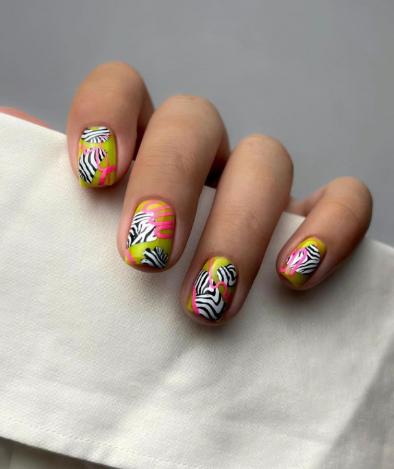 40 August Nail Designs — Zebra Short Nails with Splash of Color