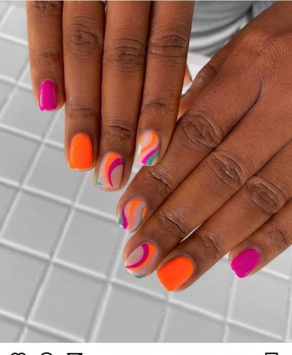 40 August Nail Designs — Hot Pink, Orange Swirl Nails