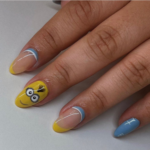 31 Cute Minion Nails — Blue and Yellow Border