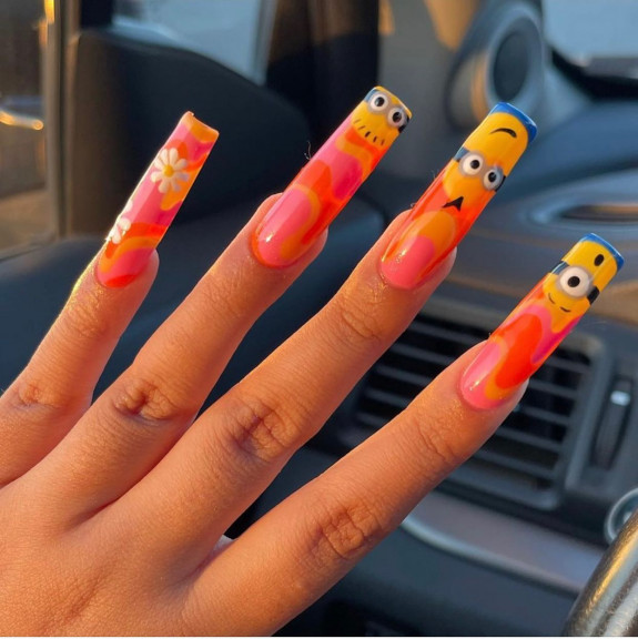 31 Cute Minion Nails — Pink Long Acrylic Minion Nails