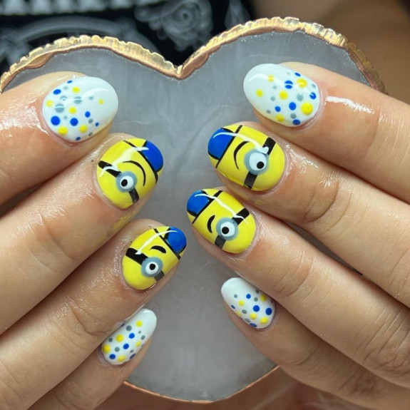 31 Cute Minion Nails — Blue, Yellow Dot Minion Nails