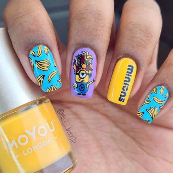 31 Cute Minion Nails — Aqua, Lavender and Yellow Minion Nails