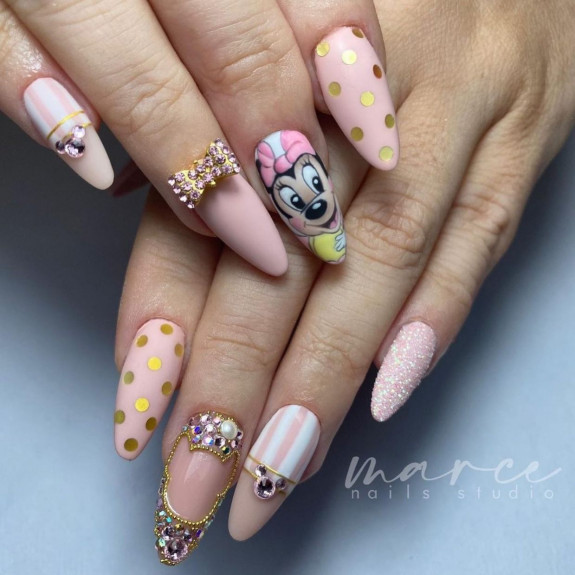 32 Cute Minnie Mouse Nail Ideas — Pink and Gold Minnie Nails