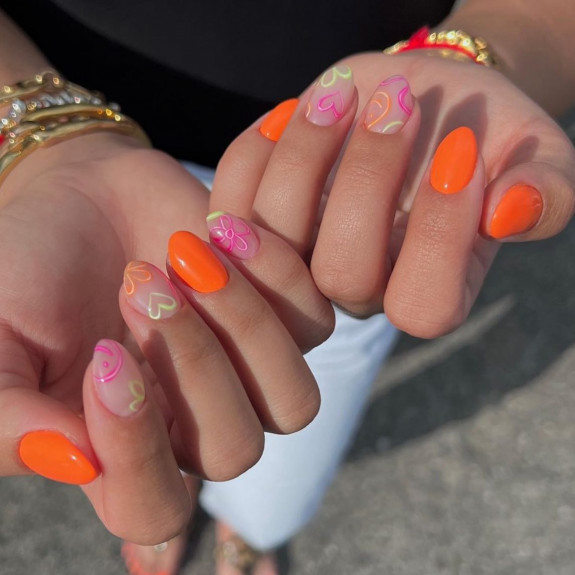 40 August Nail Designs — Orange and Pink Heart-Shaped Nails