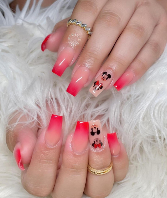 32 Cute Minnie Mouse Nail Ideas — Red Ombre Minnie Nails