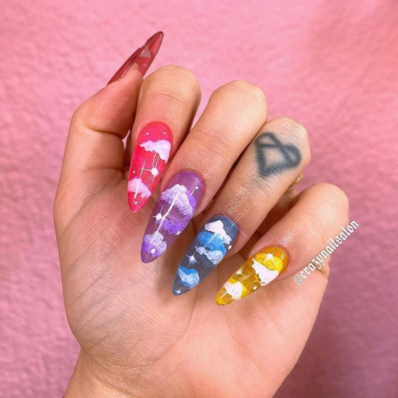 40 August Nail Designs — Cloud Different Color Almond Nails