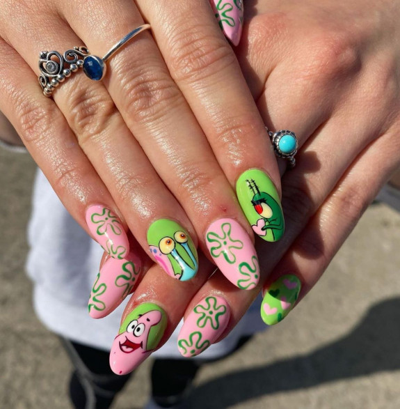 40 August Nail Designs — Mint and Pink Flower Border Nails