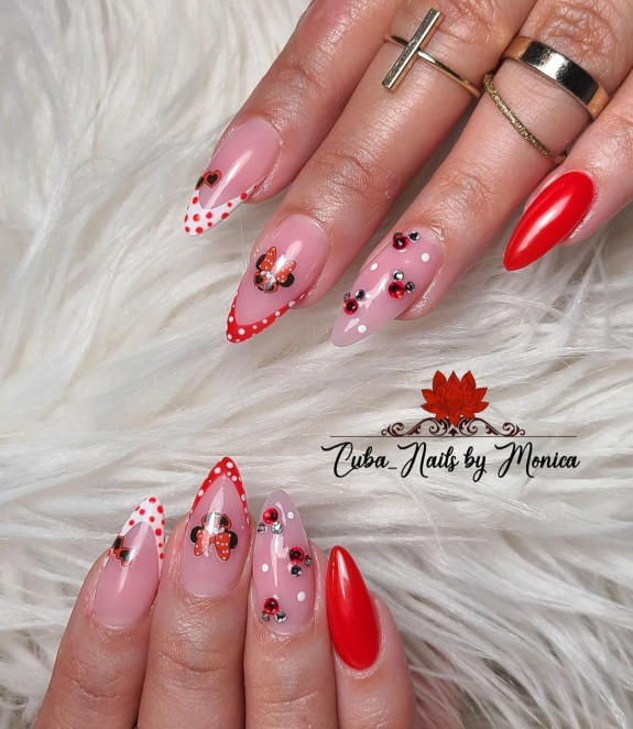 32 Cute Minnie Mouse Nail Ideas — White and Red Dot Tip Nails