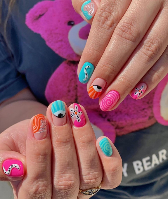 40 August Nail Designs — Aqua, Pink and Orange Nails