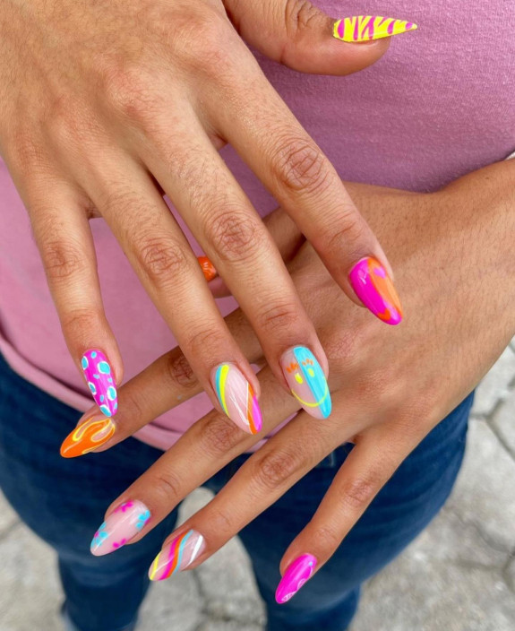 40 August Nail Designs — Pink, Blue, and Orange Different Design Nails