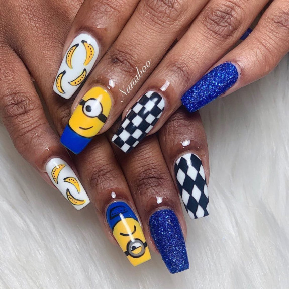 31 Cute Minion Nails — Checker Board, Shimmery Blue & Minion Nails