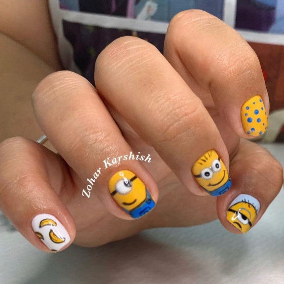 31 Cute Minion Nails — Dots, Minion Short Nails