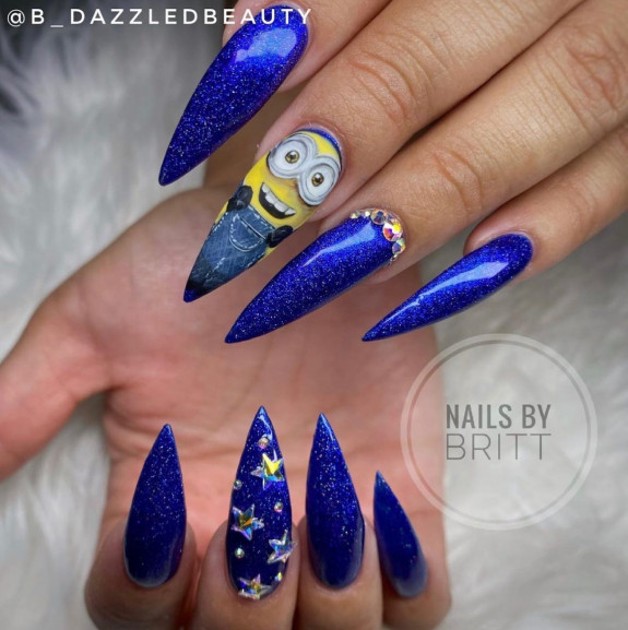 31 Cute Minion Nails — Royal Blue Stiletto Nails