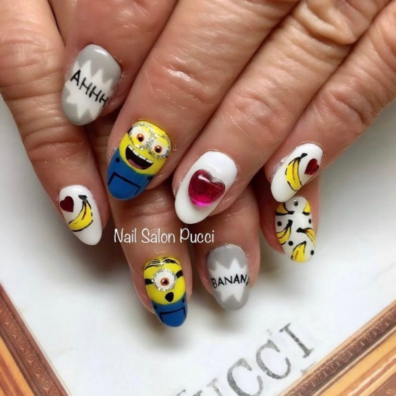 31 Cute Minion Nails — Pink Heart + Minion Nails