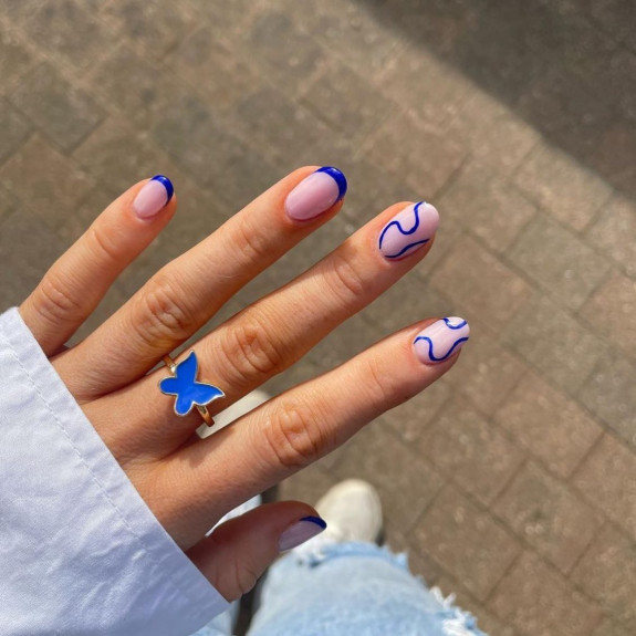 40 August Nail Designs — Blue French + Swirl Nails