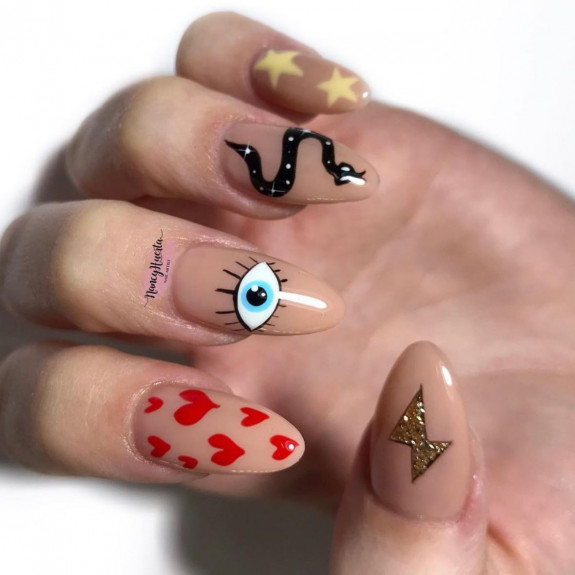 40 August Nail Designs — Evil Eye + Red Heart + Star Nails