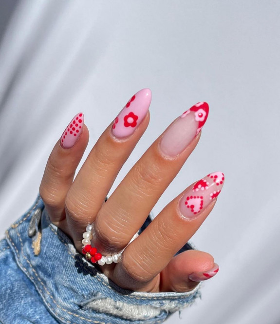 40 August Nail Designs — Red and Pink Flower Nails