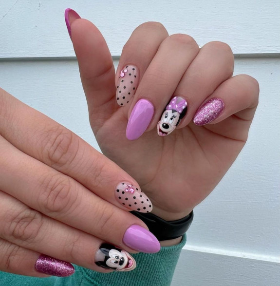 32 Cute Minnie Mouse Nail Ideas — Shimmery Pink + Polka Dot Nails