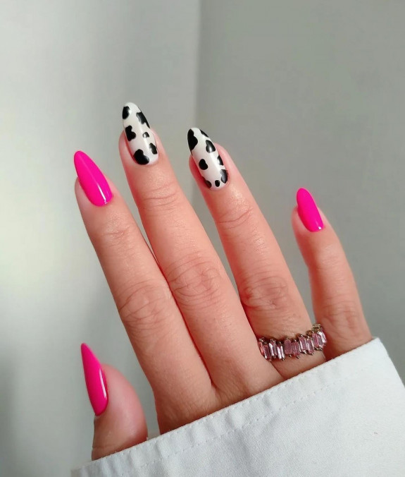 40 August Nail Designs — Cow Print and Hot Pink Nails