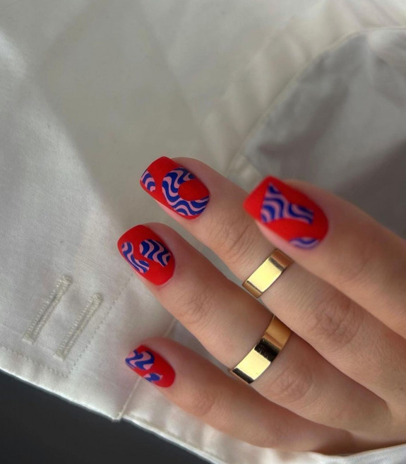 40 August Nail Designs — Blue Swirl Red Nails