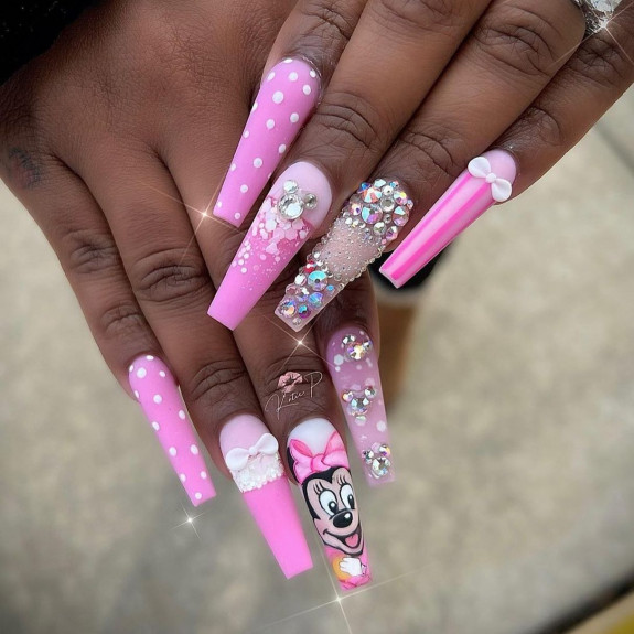 32 Cute Minnie Mouse Nail Ideas — Pink Ballerina Minnie Nails