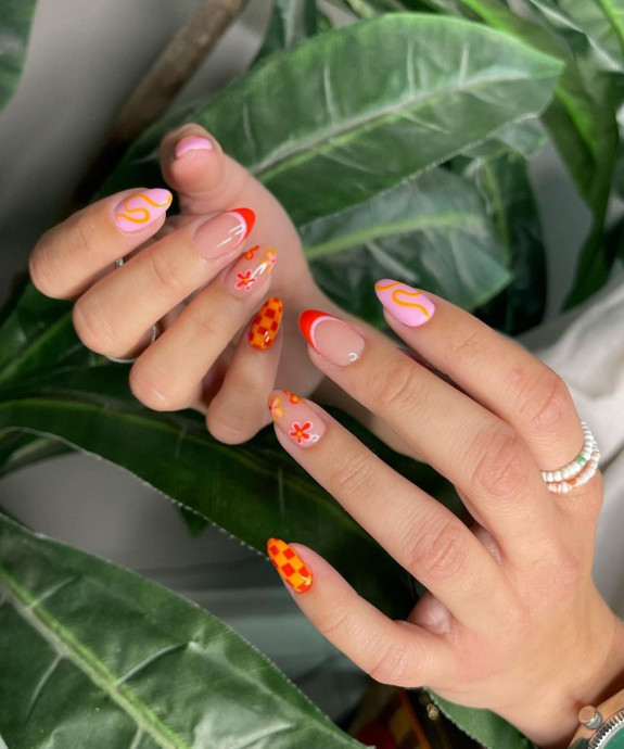 40 August Nail Designs — Pink & Orange Check + French Nails