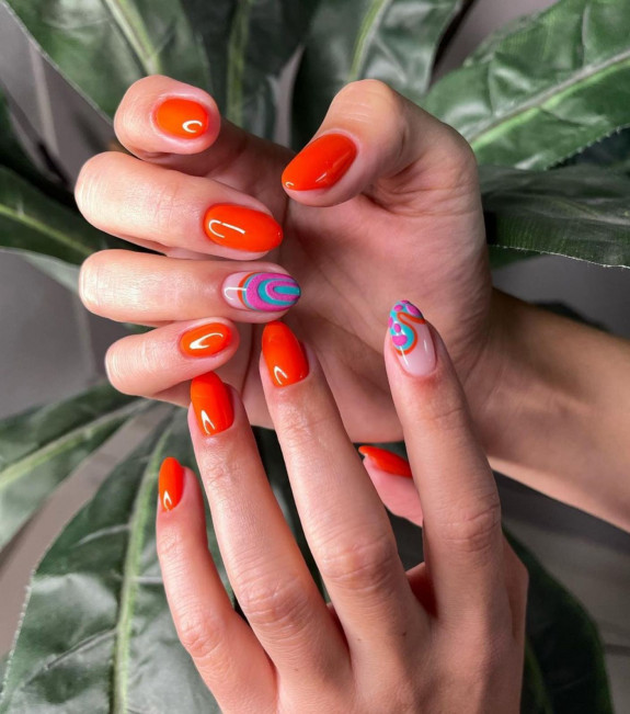 40 August Nail Designs — Rainbow Nail + Orange Nails