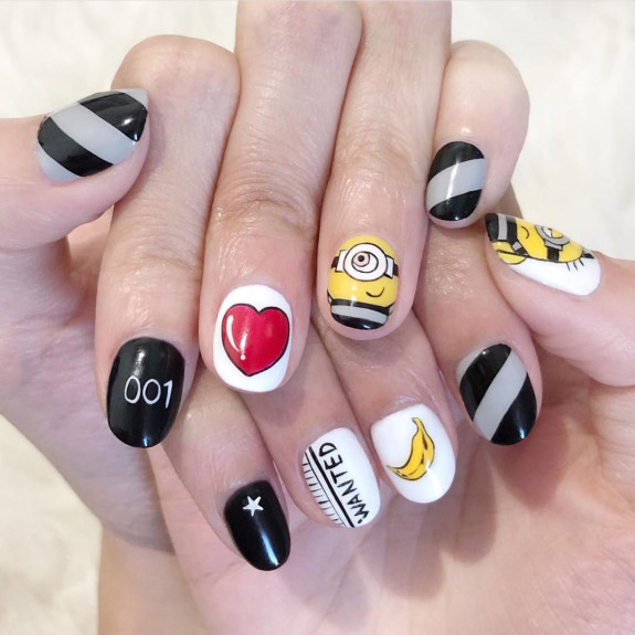 31 Cute Minion Nails — Black + Red Heart + Minion Nails