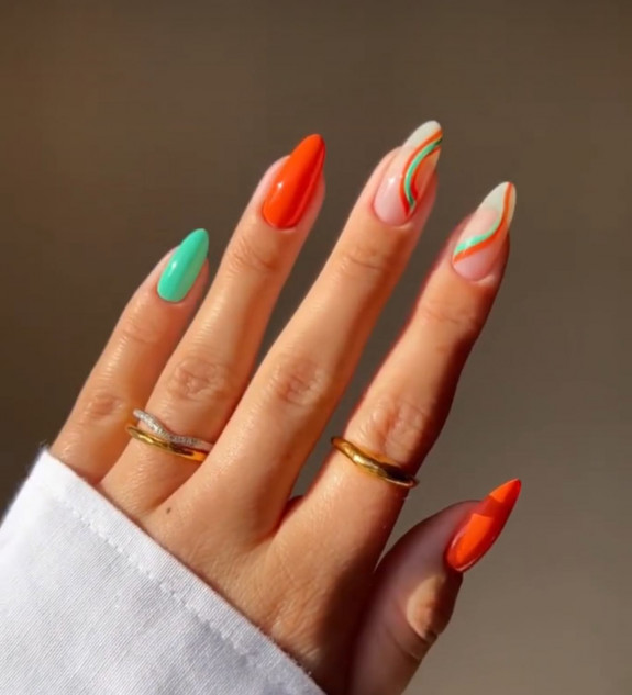 40 August Nail Designs — Mint and Orange Almond Nails