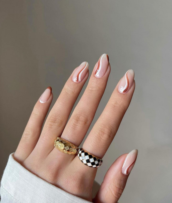 40 Trendy Fall Nails in 2022 — Brown and White Swirl Nails