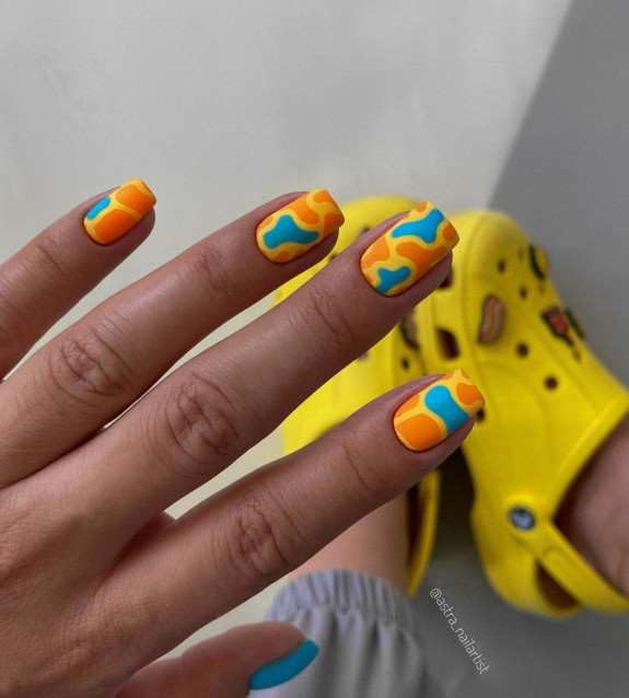 40 August Nail Designs — Orange and Blue Abstract Nails