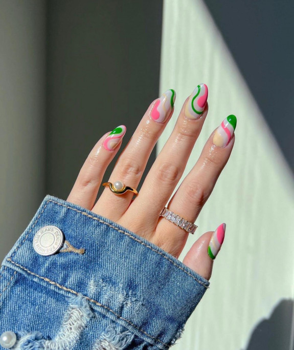 40 August Nail Designs — Green and Pink Almond Nails