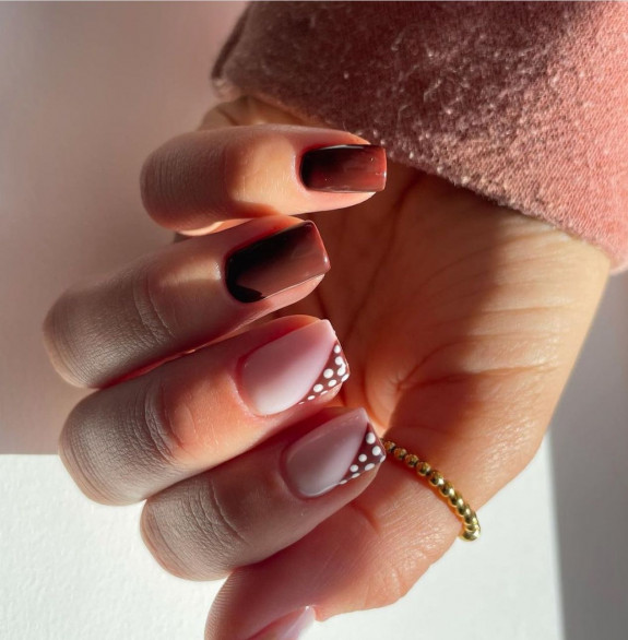 40 Trendy Fall Nails in 2022 — Brown Polka Dot Side French Nails