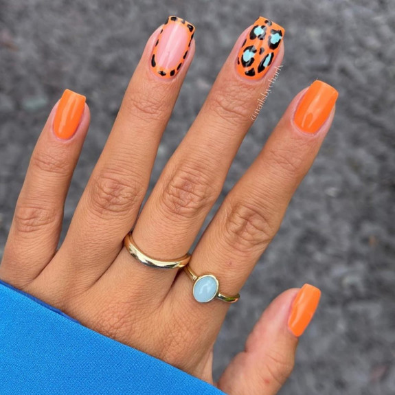 40 August Nail Designs — Orange Leopard Nails