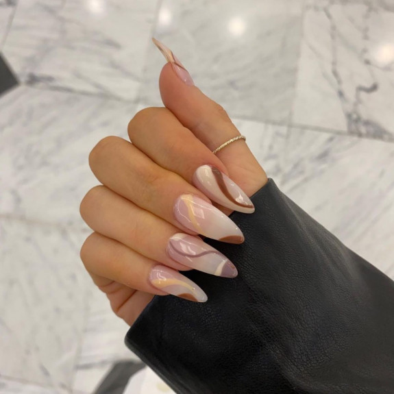 40 Trendy Fall Nails in 2022 — Brown Swirl Almond Nails