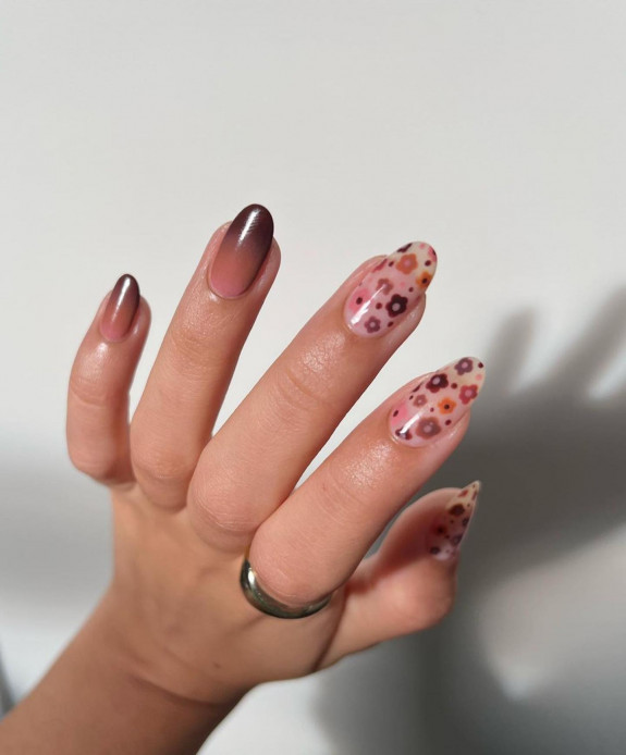 30 Stylish Fall Nail designs — Brown Flower + Ombre Nails