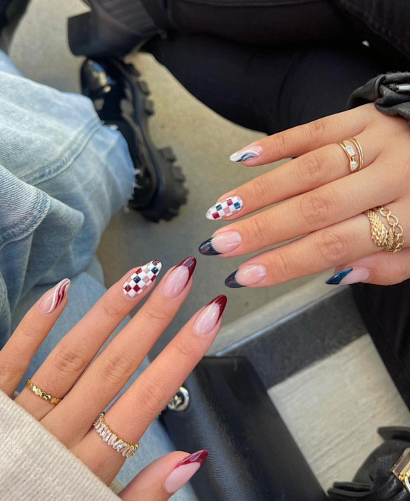 30 Stylish Fall Nail designs — Burgundy, Blue and Checker Nails