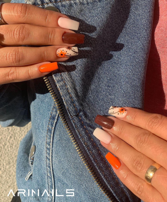 40 Trendy Fall Nails in 2022 — Brown and Orange Fall Tapered Square Nails